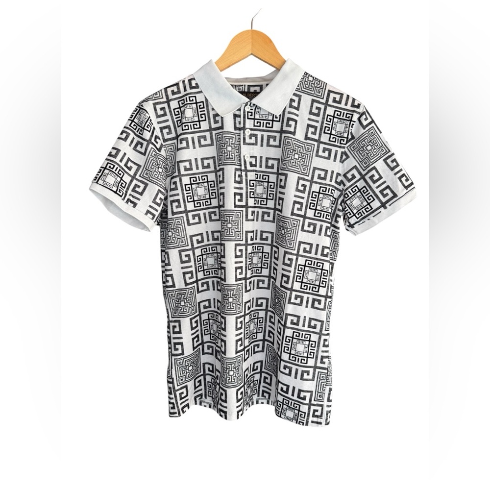 Albertini Greek Key Polo Shirt Black White Stretch Cotton Designer Style NWT 3XL